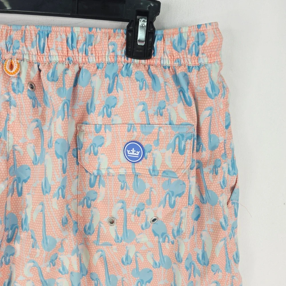 Peter Millar Mens Flamingo Print Swim Trunks Peach Blue Board Shorts Large